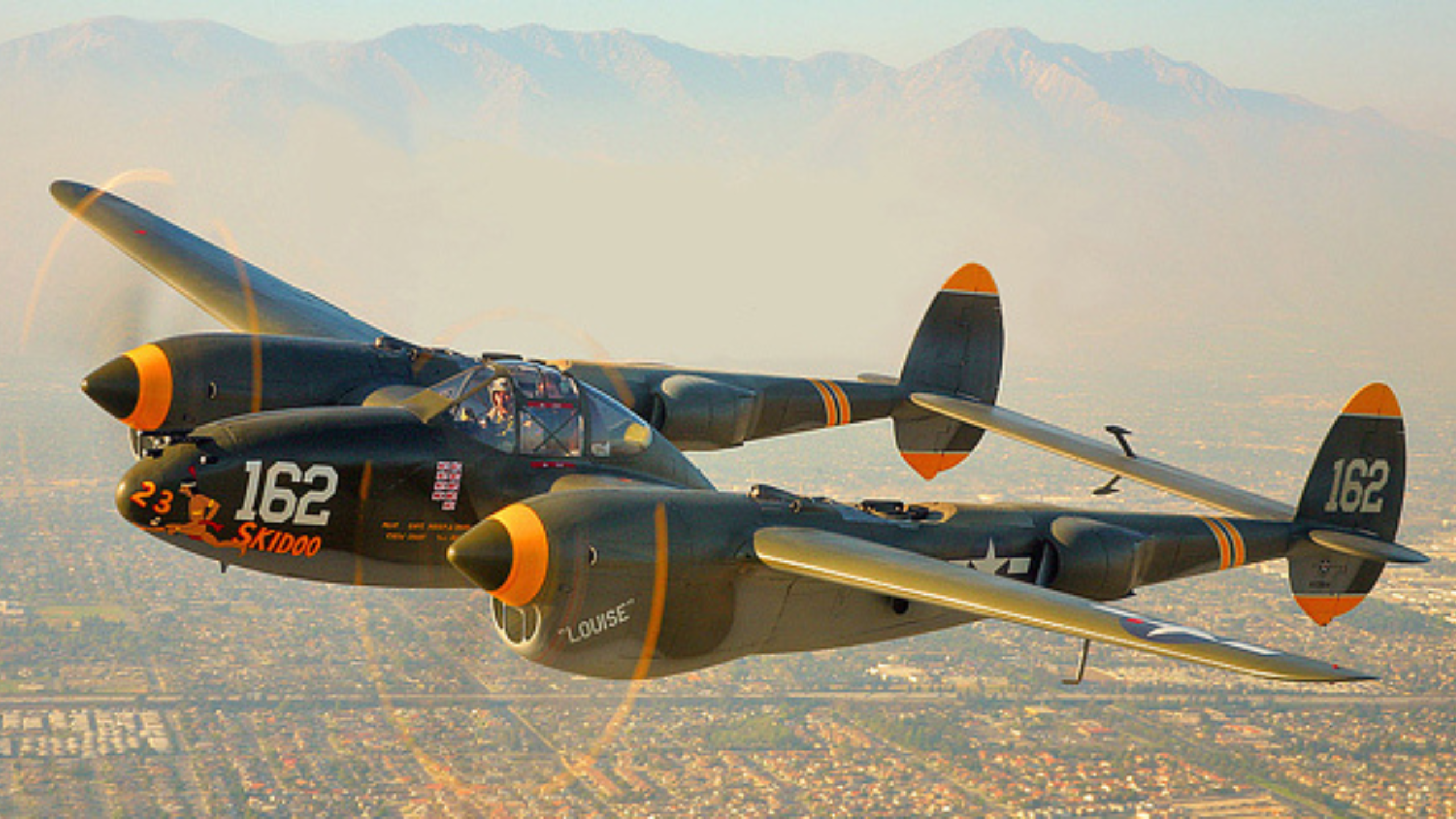 P-38 Lightning from Planes of Fame Air Museum in Chino, California flying.
