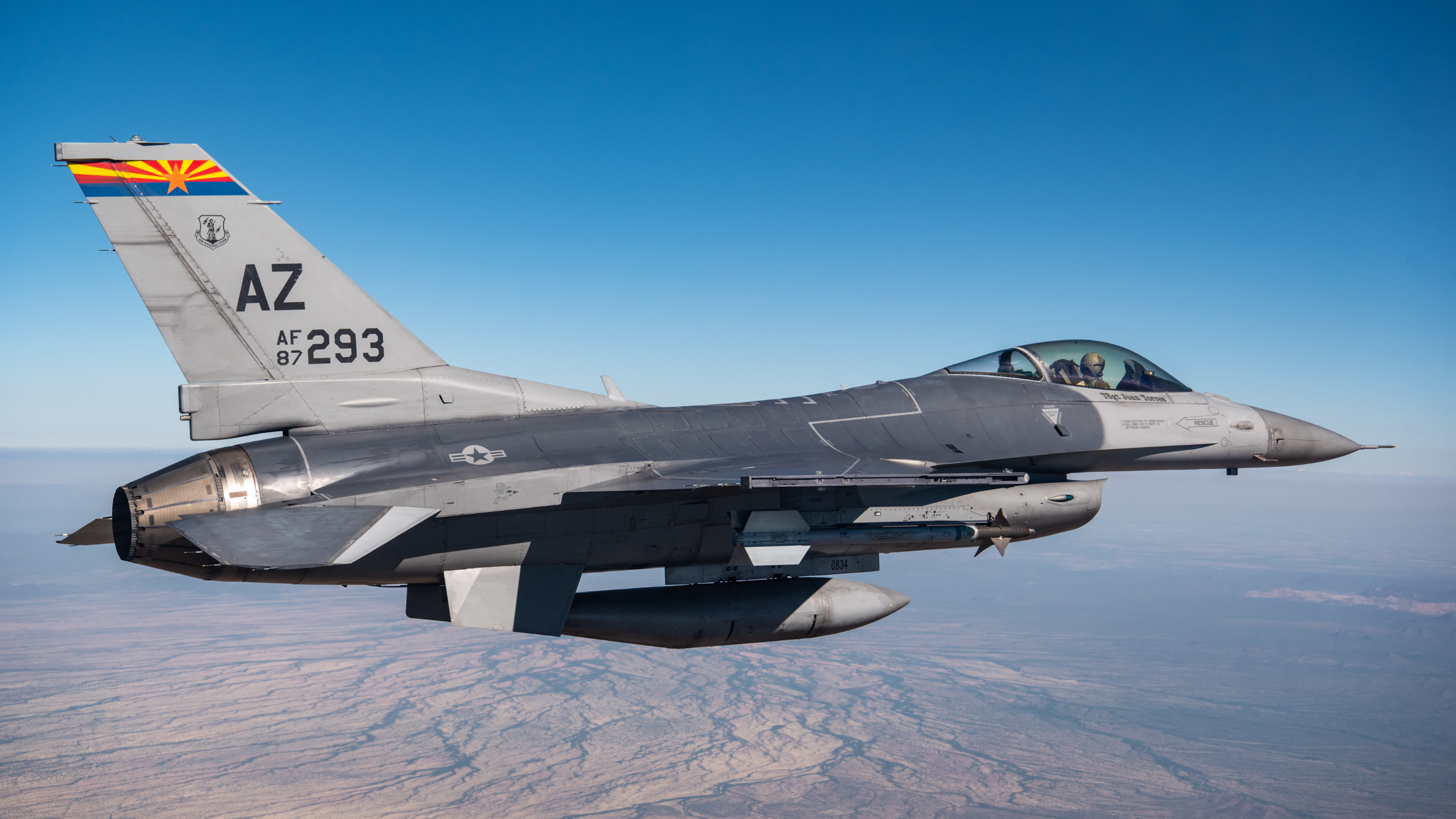 An F-16 assigned to the 162nd Wing, Morris Air National Guard Base, Tucson, Ariz., soars over the skies during a recent training Mission. Morris ANG Base is home to the Air National Guard's premier F-16 fighter pilot training unit, the 162nd Wing. It is one of the largest ANG wings in the country and resides next to the Tucson International Airport. The wing shares use of the runway, security and fire control with the airport. Guardsmen provide ready forces in support of civil authorities and wartime operations. (U.S. Air National Guard photo by Tech. Sgt. Hampton E. Stramler)