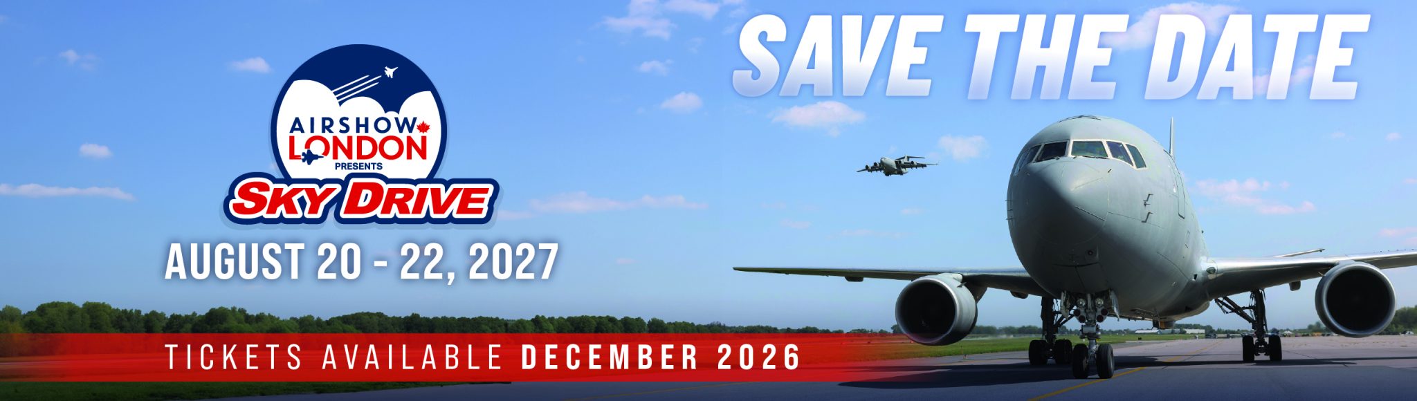Save the Date banner for Airshow London SkyDrive 2027, featuring two aircraft from Airshow London SkyDrive 2026